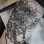 Tattoo by Claudia De Sabe #ClaudiaDeSabe #favoritetattoos #blackandgrey #Japanese #clouds #deity #yokai #god #raijin #stippling #linework #illustrative #scroll