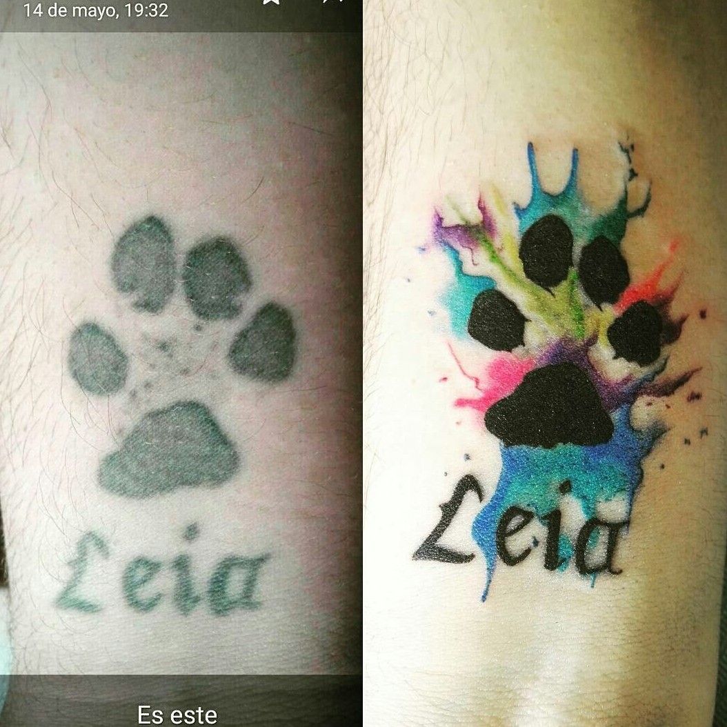 Tattoo by Lorena/Leo • Watercolor to previous tattoo of my dog's paw #Watercolor #Paw #Dog #Leia • 636002 • Tattoodo