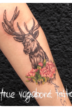 Sketch and watercolor tattoo🦌@true_vagabond_tattoo #sketchtattoo#scratchtattoo#watercolor#watercolortattoo#deer#deertattoo#dotwork#stippletattoo#stippling#flower#flowertattoo#girl#girltattoo #girlytattoo#inked#armtattoo