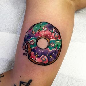 Tattoo by Roberto Euan #RobertoEuan #donuttattoo #donut #doughnut #foodtattoo #food #sweets #comfortfood #cute #funny #newschool #dessert #color #sprinkles #stars #galaxy #space