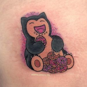 Tattoo by Elaina Conroy #ElainaConroy #donuttattoo #donut #doughnut #foodtattoo #food #sweets #comfortfood #cute #funny #newschool #dessert #sprinkles #color #Snorlax #Pokemon