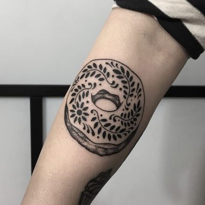 Tattoo by Squids Ink #SquidsInk #donuttattoo #donut #doughnut #foodtattoo #food #sweets #comfortfood #cute #funny #illustrative #dessert #folkart #pattern #floral #leaves #bakedgood