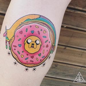 Tattoo by Mika Baby #MikaBaby #donuttattoo #donut #doughnut #foodtattoo #food #sweets #comfortfood #cute #funny #newschool #dessert #sprinkles #AdventureTime #stars #hearts #LadyRainicorn #Jake #dog