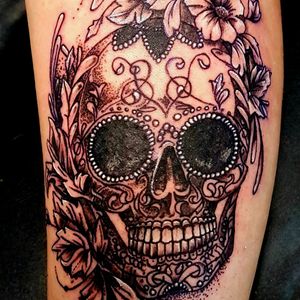 Candy skull calf tattoo 