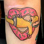 Tattoo by Keely Glitters #KeelyGlitters #donuttattoo #donut #doughnut #foodtattoo #food #sweets #comfortfood #cute #funny #newschool #dessert #sprinkles #HomerSimpson #tvshow #cartoon #color