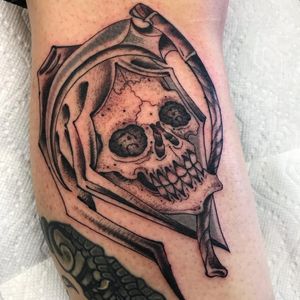 Tattoo by Beau Brady #BeauBrady #skulltattoo #skull #death #bones #oldschool #reaper #scythe