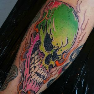 Tattoo by Elliott J Wells #ElliottJWells #skulltattoo #skull #death #bones #fire #neotraditional #Japanese #mashup