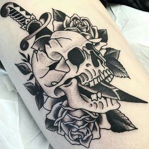 Flower Skull With A Dagger #skulltattoo #flower #daggertattoo #daggerskull #blackandgrey Like Please 😘