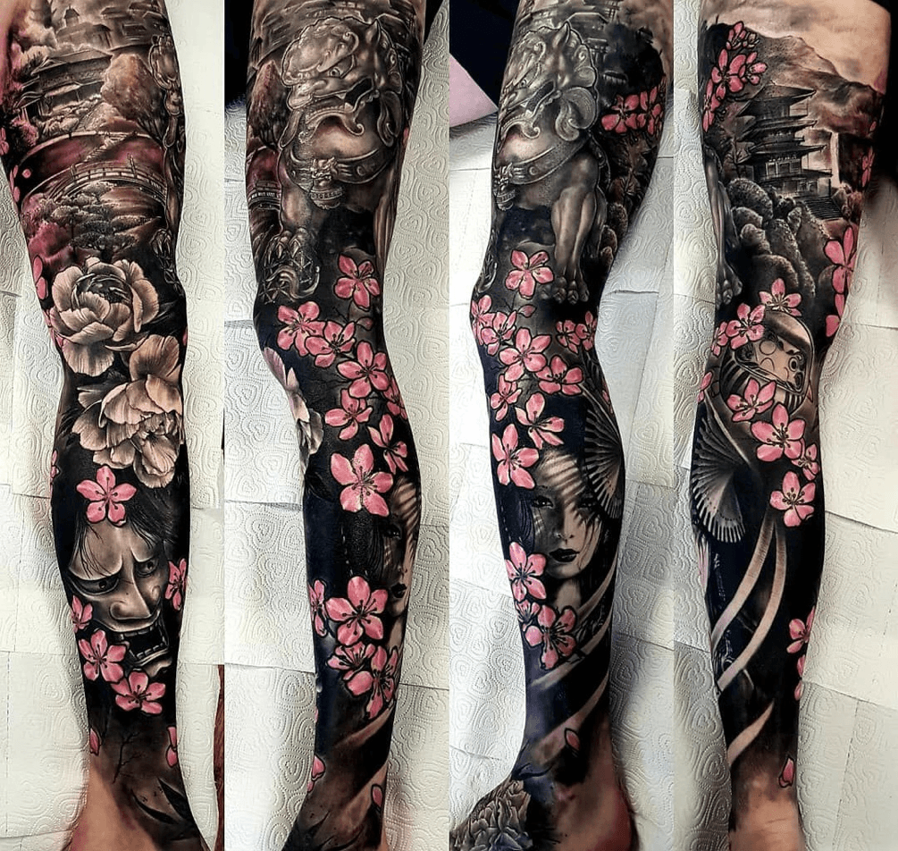 Tattoo Uploaded By Ryan Carroll • Japanese Leg Sleeve #Sleeve #Japanese  #Japanesetattoo #Japaneselegsleeve #Oni #Geisha #Daruma #Foodog • Tattoodo
