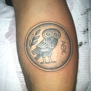 Athena's owl in a obulus (ancient Greek coin).Representation of order, wisdom and protection. Left calf, took around 2 hours to get done. First of 2