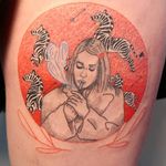 Tattoo by Katie Mcpayne #KatieMcPayne #movietattoos #movie #film #watercolor #illustrative #WesAnderson #TheRoyalTenenbaums #zebra #smoking #cigarette #portrait #lady
