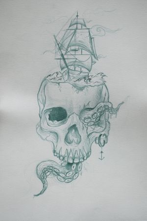 Kraken, ship and skull design #design #skulltattoo #shiptattoo #kraken #draw #realism 