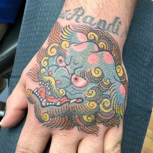 Tattoo by Jason Hanna #JasonHanna #fooddogtattoo #shishi #foodog #lion #guardian #folklore #protector #color #Japanese #handtattoo