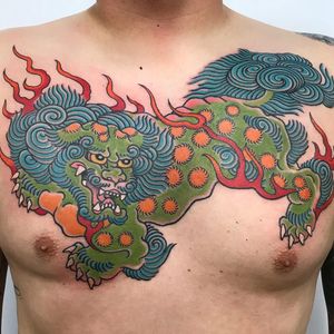 Tattoo by Frankie aka Death Cloak #FrankieCaraccioli #DeathCloak #fooddogtattoo #shishi #foodog #lion #guardian #folklore #protector #color #Japanese #fire #chestpiece