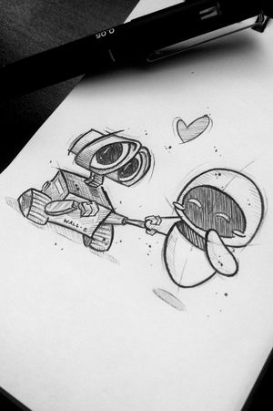 Wall-e & Eva***DISPONÍVEL***#Pixar  #disneytattoo #disney #tattooart #tattooartist #draw #drawing #sketchtattoo #sketch #dotworktattoo #dotwork #walle #eva #couplestattoo #coupletattoo #couple 