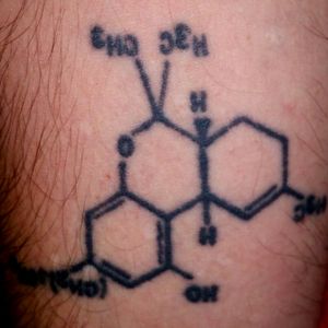This tattoo is a reminder to me that I am not the only one who loves weed. It is molecular structure for marijuana 