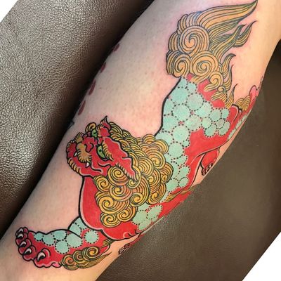 Tattoo by Darren Brass #DarrenBrass #fooddogtattoo #shishi #foodog #lion #guardian #folklore #protector #color #japanese