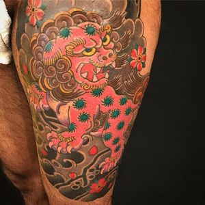 Tattoo by Kiku #Kiku #fooddogtattoo #shishi #foodog #lion #guardian #folklore #protector #color #flowers #floral #waves #Japanese