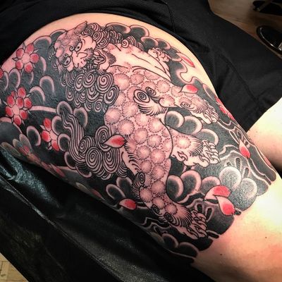 WIP Tattoo by Stewart Robson #StewartRobson #fooddogtattoo #shishi #foodog #lion #guardian #folklore #protector #wip #cherryblossoms #smoke #flowers #floral #Japanese