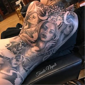 Tattoo by Teneile Napoli #TeneileNapoli #GarageInkManor #Australia #blackandgrey #realism #realistic #portrait #lady #ladyhead #moonds #floral #dog #petportrait #pearls