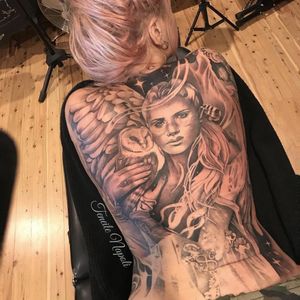 Tattoo by Teneile Napoli #TeneileNapoli #GarageInkManor #Australia #blackandgrey #realism #realistic #lady #portrait #owl #animal #nature #floral #feathers #stars #backpiece