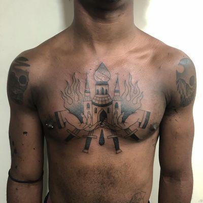Tattoo by Russell Winter #RussellWinter #blackandPOCtattoos #POCtattoos #church #temple #hands #knives #daggers #blood #fire #architecture #chestpiece