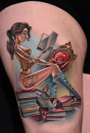 Belle pinup from the painting “Inked by the Beast” by Joel Santana
