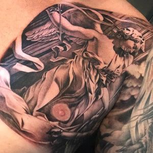Tattoo by Teneile Napoli #TeneileNapoli #GarageInkManor #Australia #blackandgrey #realism #realistic #sculpture #angel #wings #feathers