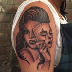 Tattoo by Tamara Santibanez #TamaraSantibanez #blackandPOCtattoos #POCtattoos #blackandgrey #illustrative #oldschool #Chicanx #lady #ladyhead #portrait #mask #clown #jester