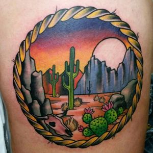 Thigh/hip tattoo by Adrian Aldaco #colortattoo #traditional #desert #saguaro