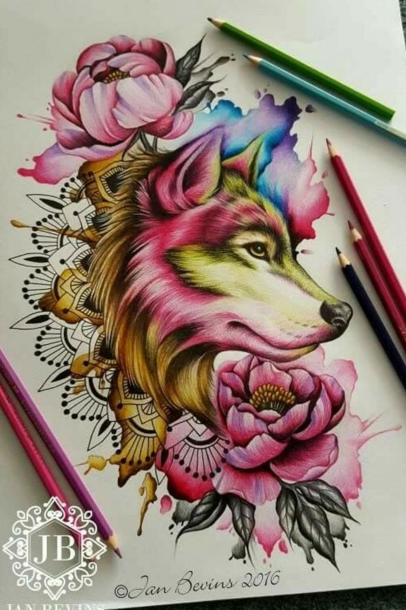 Тату волк в цветах