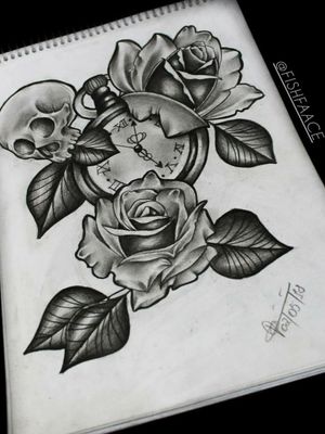Clock, roses and skull Neo Traditional Blackwork tattooRelógio, rosas e caveira Neo Tradicional Blackwork tattoo tatuagem