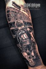 realistic tattoo a boy with the ball at the Barcelona Stadium, Messi T-shirt