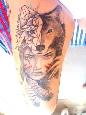 #thigh #thightattoos #frontthigh #wolf #woman #colourtattoo #colours #realistictattoos  #legsleeve 