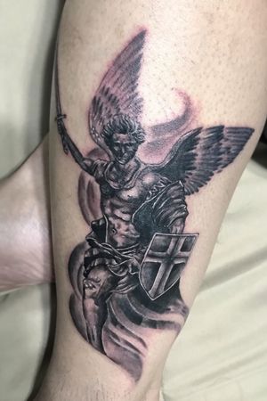 St. Michael on my cuz #BlackAndGrey #StMichael #Archangel #BlackAndGreyTattoo