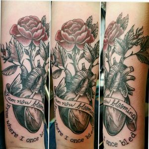 Tattoo dedicated to me over coming myself. #SuicideAwareness #anatomical #anatomicalheart #forearmtattoo #cursivetattoo #roses 