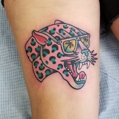 Tattoo by Ozzy Ostby #OzzyOstby #besttattoos #leopard #junglecat #sunglasses #palmtrees #cat #funny #cute #vacation #beach #spots #color #colorful #pink