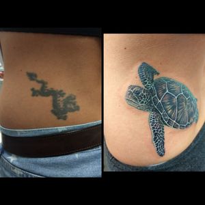 Before and after cover up. Find Richard Hart on FB. #CoverUpTattoos #coveruptattoo #dragon #blacktattoo #blackdragon #seacreature #seaturtletattoo #turtles #turtletattoo #seaturtle #color #colortattoo #realism #animaltattoo #animalcoverup 