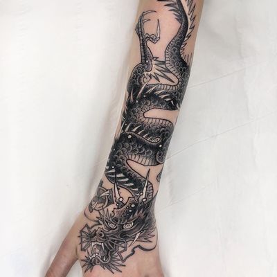 Tattoo by Gabriele Cardosi #GabrieleCardosi #besttattoos #blackandgrey #whiteink #detailed #dragon #mythicalcreature #myth #legend #animal #Japanese #illustrative #magic #fantasy