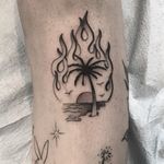 Tattoo by Frank Ball Jr #FrankBallJr #besttattoos #blackandgrey #oldschool #fire #island #palmtree #sun #beach #vacation #seascape #ocean #birds #seagulls