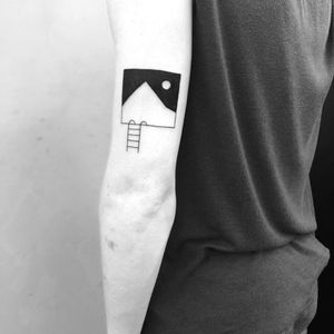 Tattoo by Chinatown Stropky #ChinatownStropky #minimalisttattoo #minimal #small #tiny #smalltattoo #simple #mountain #moon #ladder #stairs #landscape