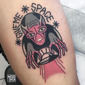 Tattoo by Ian Tattooing #Ian #IanTattooing #besttattoos #color #newschool #newtraditional #alien #ufo #text #quote #funny #scifi #stars #space