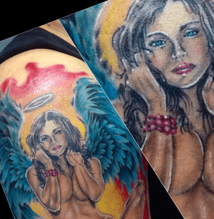 Pin up angel from 2 years ago. #Tattoo #ColorTattoo #AngelTattoo #PinUpGirl #RealisticTattoo