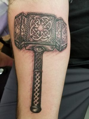 Thor's hammer. Mjolnir, with my father in law's intials at the top of the handle. He passed away shortly before I had this tattoo done and he was a great influence in my life. He taught me how to be good husband and father and also how to be a good man.