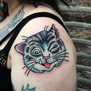 Tattoo by Hillary Fisher White #HillaryFisherWhite #cattattoo #cattattoos #cat #kitty #animal #petportrait #nature #color #traditional