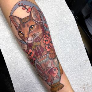 Tattoo by Hannah Flowers #HannahFlowers #neotraditional #artnouveau #color #painterly #portrait #cat #petportrait #goldfish #bells #pearls #cherryblossom #moon