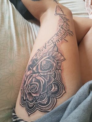 5th tattoo 😊Roses with my son and daughters namesKaitlyn ataahuaKaleb Te Araki