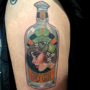 Tattoo by Hannah Flowers #HannahFlowers #neotraditional #artnouveau #color #painterly #portrait #lady #ladyhead #gin #alcohol #lime #fruit #blossom #flower #floral #glass #bottle