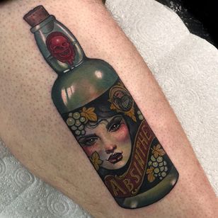 Tattoo by Hannah Flowers #HannahFlowers #neotraditional #artnouveau #color #painterly #portrait #lady #ladyhead #grapes #absinthe #drink #alcohol #vulture #death #skull #bottle #glass