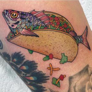Tattoo by Shaun Topper #ShaunTopper #foodtattoos #food #fishtaco #taco #Mexicanfood #traditional #color #fish